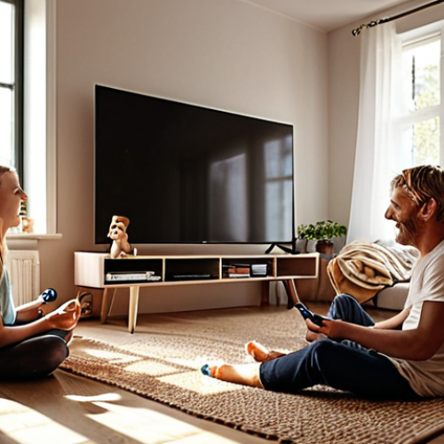 **

A cozy Swedish living room. A family is gathered, watching a 4K movie on a large smart TV. Sunlight streams through the window. The image should emphasize the smooth streaming quality. Caption suggestion: "Njut av snabb och pålitlig fiberoptik för hela familjen!" (Enjoy fast and reliable fiber optic for the whole family!)

**
