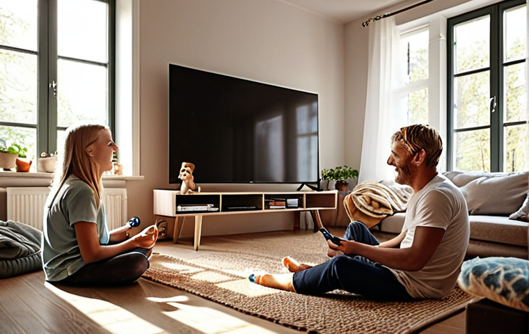 **
A cozy Swedish living room. A family is gathered, watching a 4K movie on a large smart TV. Sunlight streams through the window. The image should emphasize the smooth streaming quality. Caption suggestion: "Njut av snabb och pålitlig fiberoptik för hela familjen!" (Enjoy fast and reliable fiber optic for the whole family!)
**