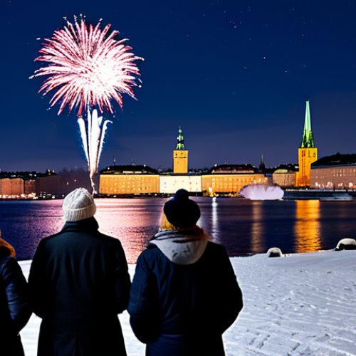 A diverse group of people, fully clothed in warm winter coats, hats, and scarves, gather outdoors in Stockholm on New Year's Eve. They are joyfully watching a spectacular fireworks display exploding over the city skyline and reflecting on the water. The scene captures the vibrant energy of the celebration, with subtle city lights in the background. The atmosphere is festive and exciting, with a clear night sky. Professional photography, high-quality, realistic, perfect anatomy, correct proportions, natural pose, well-formed hands, proper finger count, natural body proportions, safe for work, appropriate content, fully clothed, family-friendly.