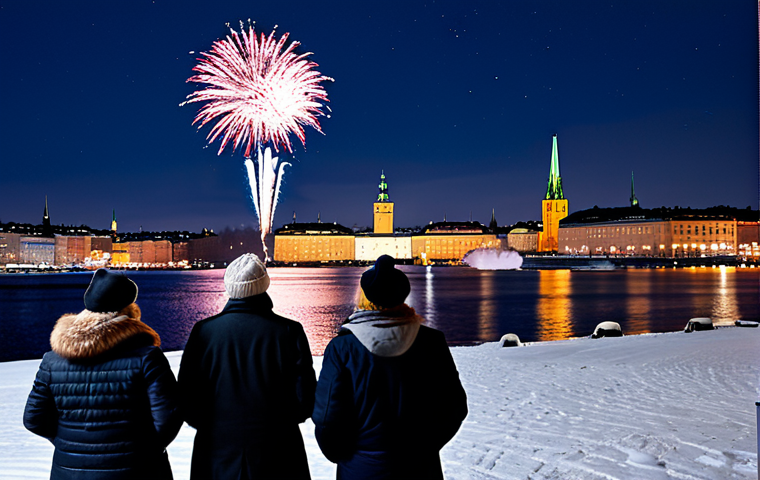 A diverse group of people, fully clothed in warm winter coats, hats, and scarves, gather outdoors in Stockholm on New Year's Eve. They are joyfully watching a spectacular fireworks display exploding over the city skyline and reflecting on the water. The scene captures the vibrant energy of the celebration, with subtle city lights in the background. The atmosphere is festive and exciting, with a clear night sky. Professional photography, high-quality, realistic, perfect anatomy, correct proportions, natural pose, well-formed hands, proper finger count, natural body proportions, safe for work, appropriate content, fully clothed, family-friendly.